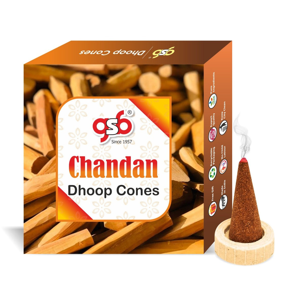 GSB Chandan Premium Dhoop Cones with Stand Holder in Box | Dhoop Cone | No Charcoal | No Bamboo