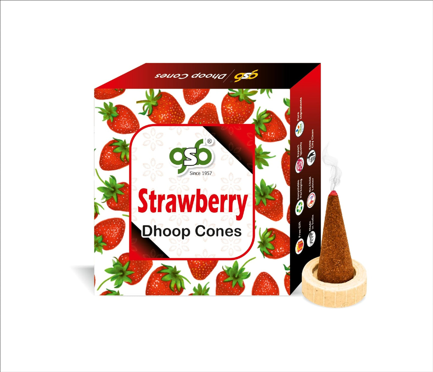 GSB Strawberry Premium Dhoop Cones with Stand Holder in Box | Dhoop Cones | No Charcoal | No Bamboo