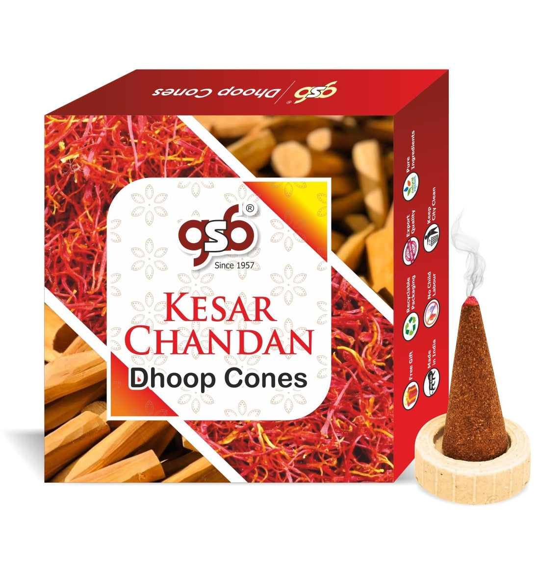 GSB Kesar Chandan Premium Dhoop Cones with Stand Holder in Box | Dhoop Cone | No Charcoal | No Bamboo