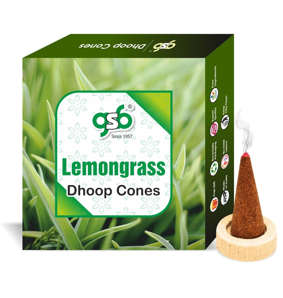 GSB Lemongrass Premium Dhoop Cones with Stand Holder in Box | Dhoop Cone | No Charcoal | No Bamboo