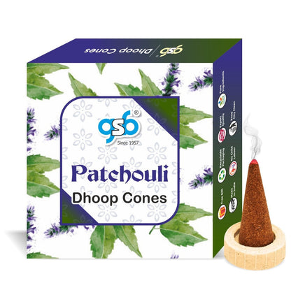 GSB Patchouli Premium Dhoop Cones with Stand Holder in Box | Dhoop Cone | No Charcoal | No Bamboo