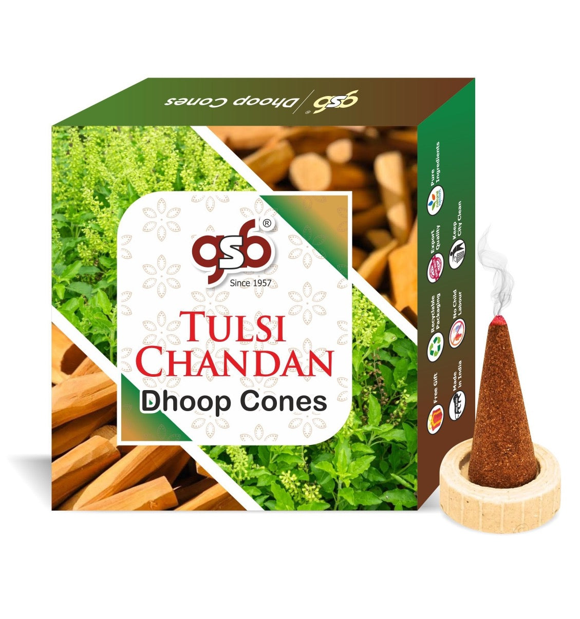 GSB Tulsi Chandan Premium Dhoop Cones with Stand Holder in Box | Dhoop Cone | No Charcoal | No Bamboo