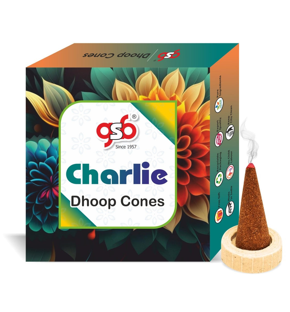 GSB Charlie Premium Dhoop Cones with Stand Holder in Box | Dhoop Cone | No Charcoal | No Bamboo