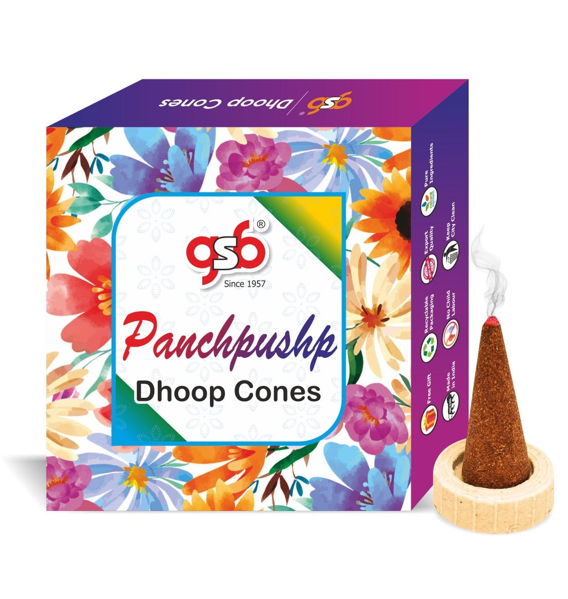 GSB Panch Pushp Premium Dhoop Cones with Stand Holder in Box | Dhoop Cone | No Charcoal | No Bamboo