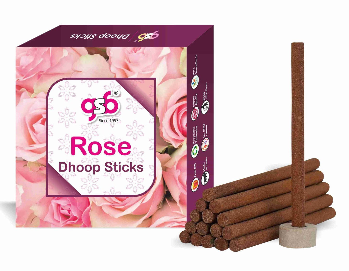 GSB Rose Premium Dhoop Sticks with Stand Holder in Box. | Dhoop Batti | No Charcoal | No Bamboo