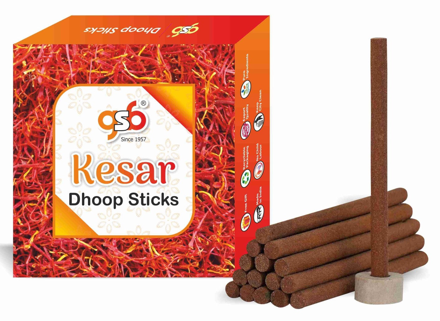 GSB Kesar Premium Dhoop Sticks with Stand Holder in Box. | Dhoop Batti | No Charcoal | No Bamboo