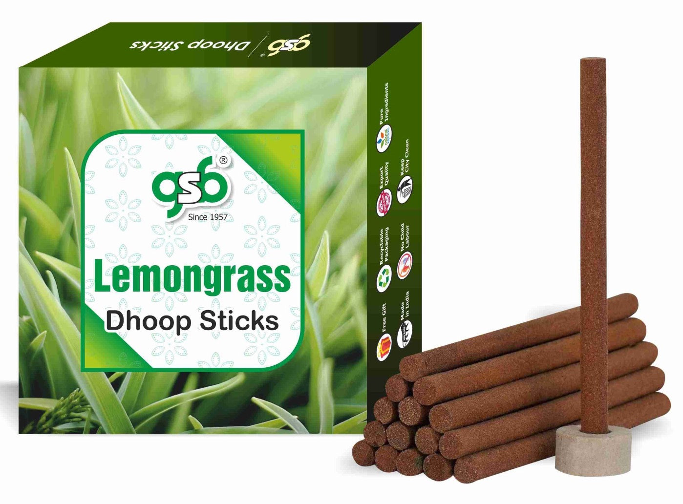 GSB Lemongrass Premium Dhoop Sticks with Stand Holder in Box. | Dhoop Batti | No Charcoal | No Bamboo