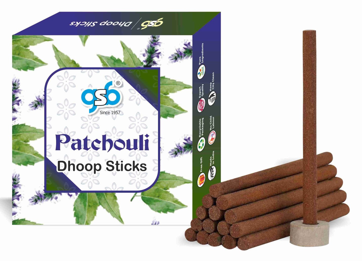 GSB Patchouli Premium Dhoop Sticks with Stand Holder in Box. | Dhoop Batti | No Charcoal | No Bamboo