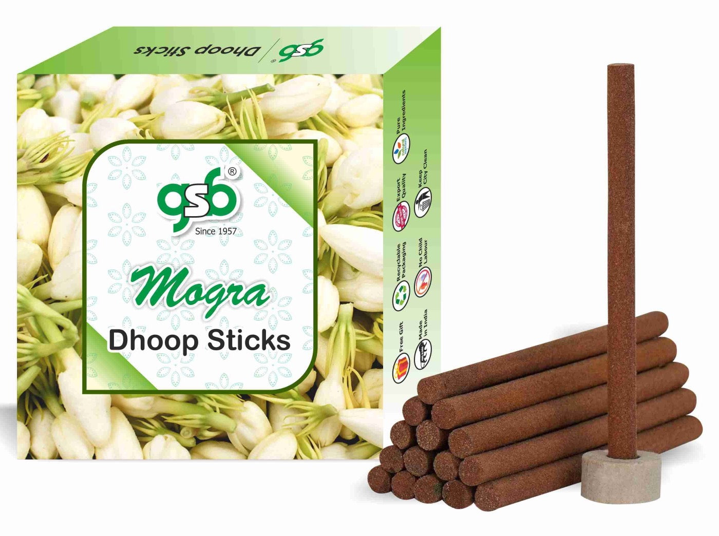 GSB Mogra Premium Dhoop Sticks with Stand Holder in Box. | Dhoop Batti | No Charcoal | No Bamboo