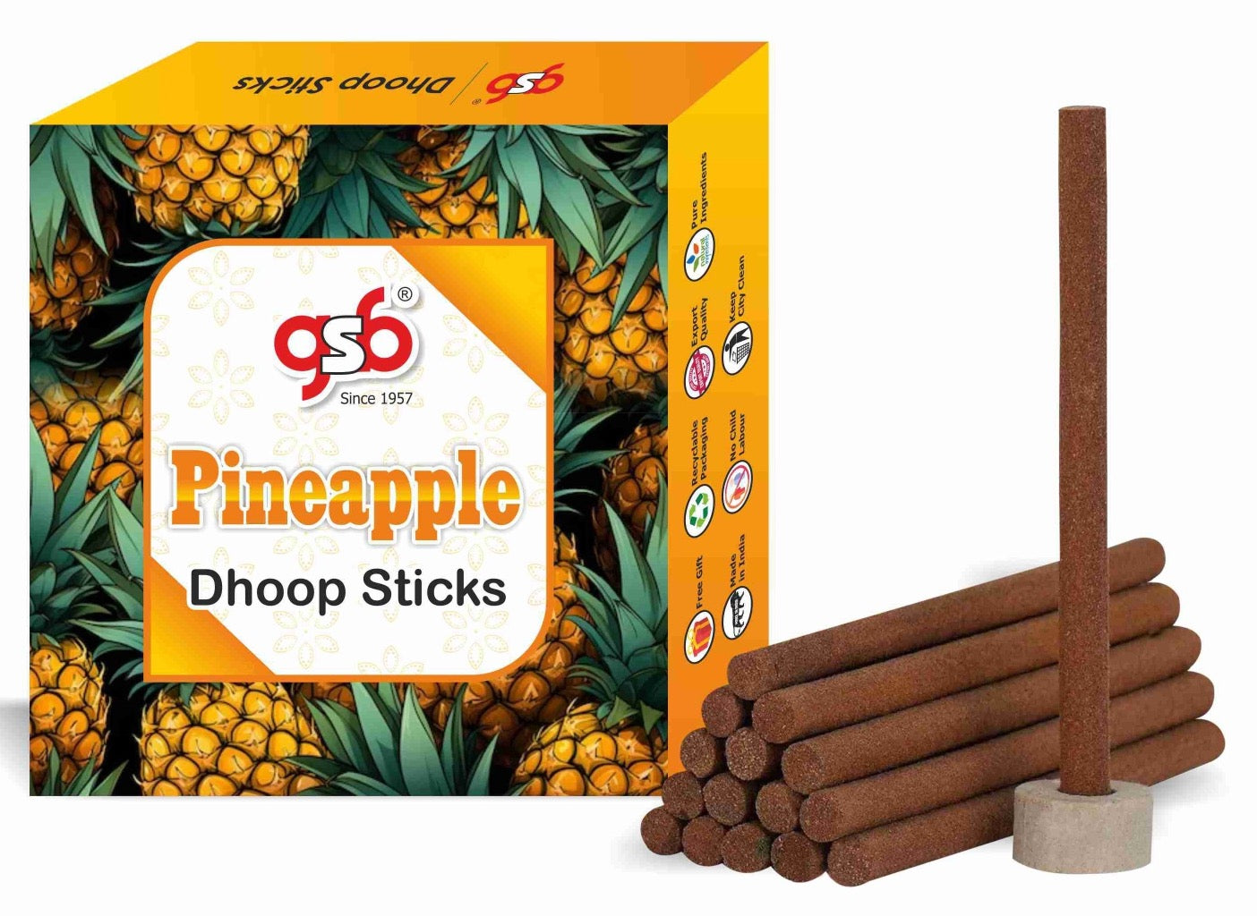 GSB Pineapple Premium Dhoop Sticks with Stand Holder in Box. | Dhoop Batti | No Charcoal | No Bamboo