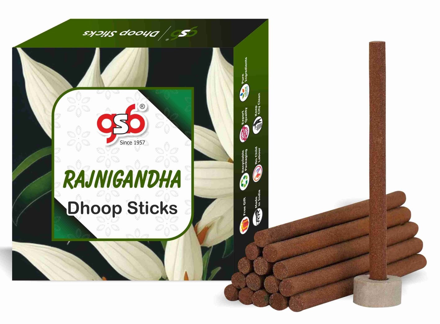 GSB Rajnigandha Premium Dhoop Sticks with Stand Holder in Box. | Dhoop Batti | No Charcoal | No Bamboo