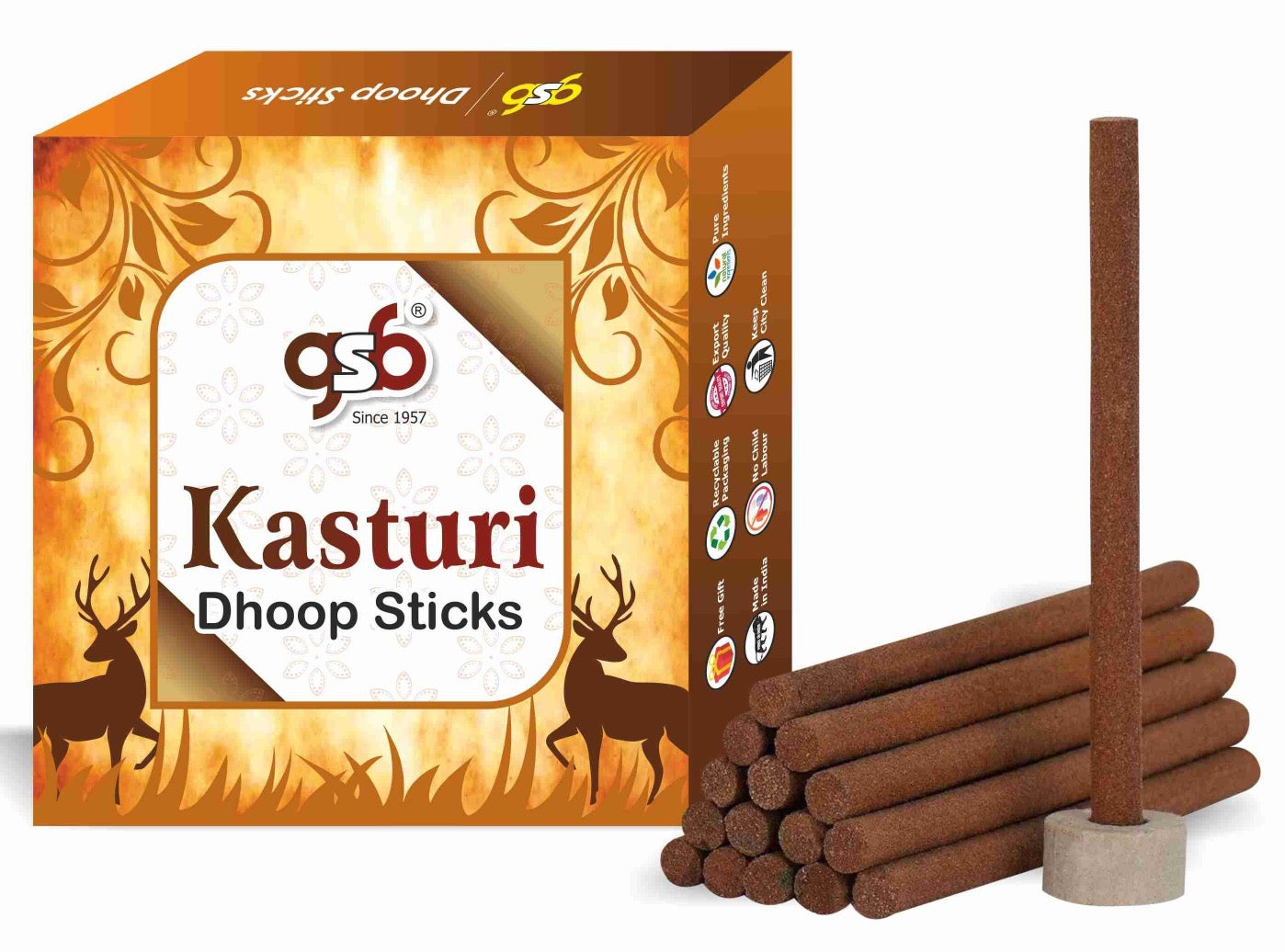 GSB Kasturi Premium Dhoop Sticks with Stand Holder in Box. | Dhoop Batti | No Charcoal | No Bamboo