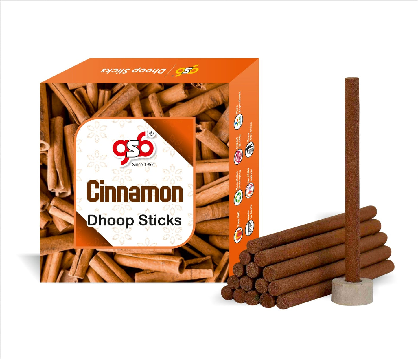 GSB Cinnamon Premium Dhoop Sticks with Stand Holder in Box. | Dhoop Sticks | No Charcoal | No Bamboo