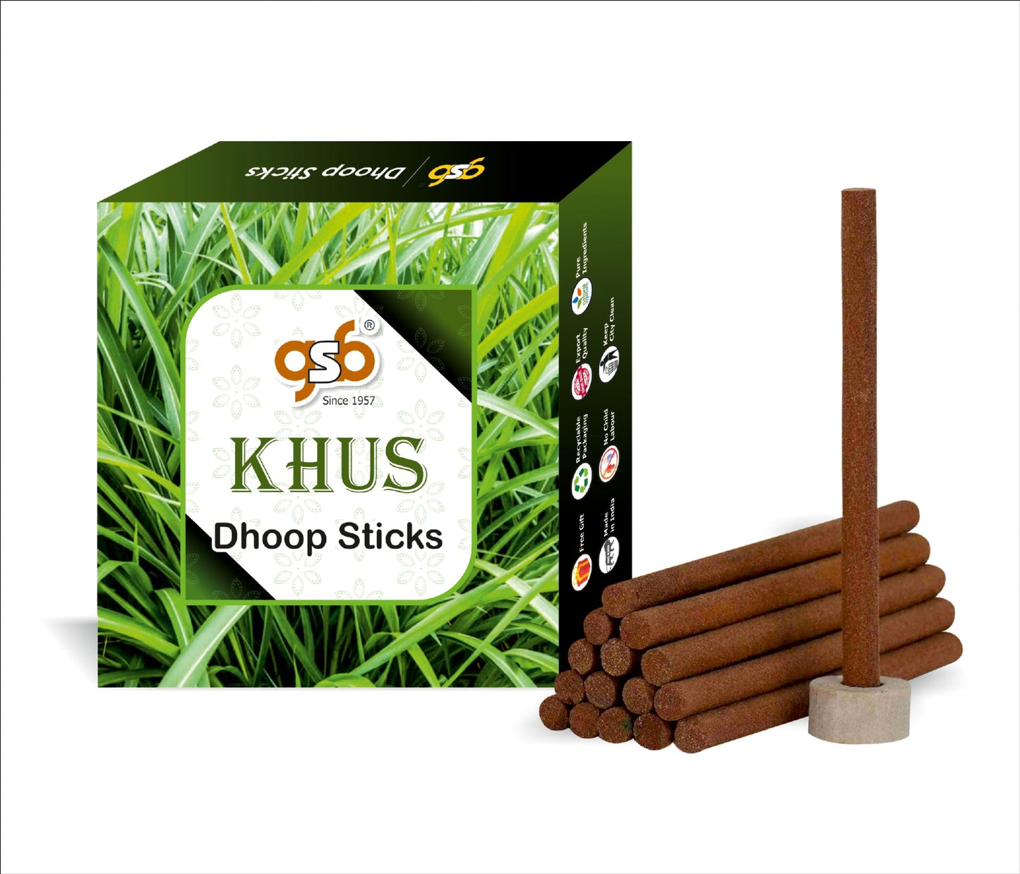 GSB Khus Premium Dhoop Sticks with Stand Holder in Box. | Dhoop Sticks | No Charcoal | No Bamboo