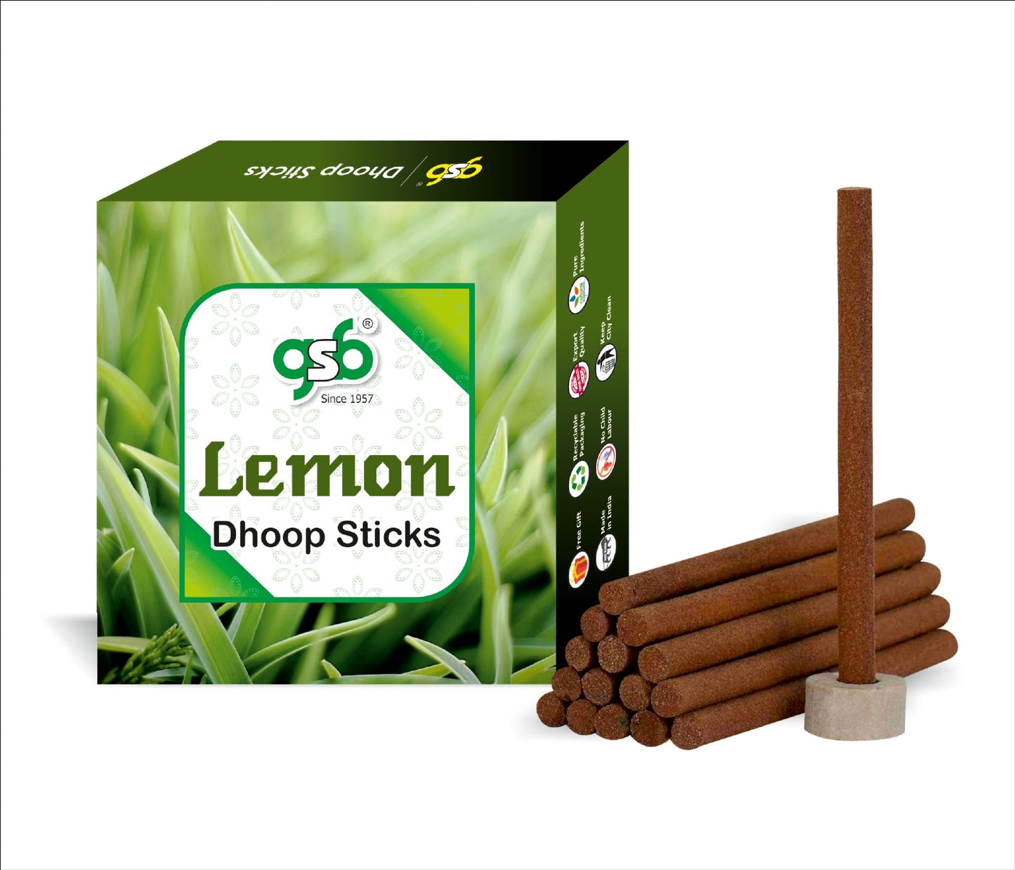 GSB Lemon Premium Dhoop Sticks with Stand Holder in Box. | Dhoop Sticks | No Charcoal | No Bamboo