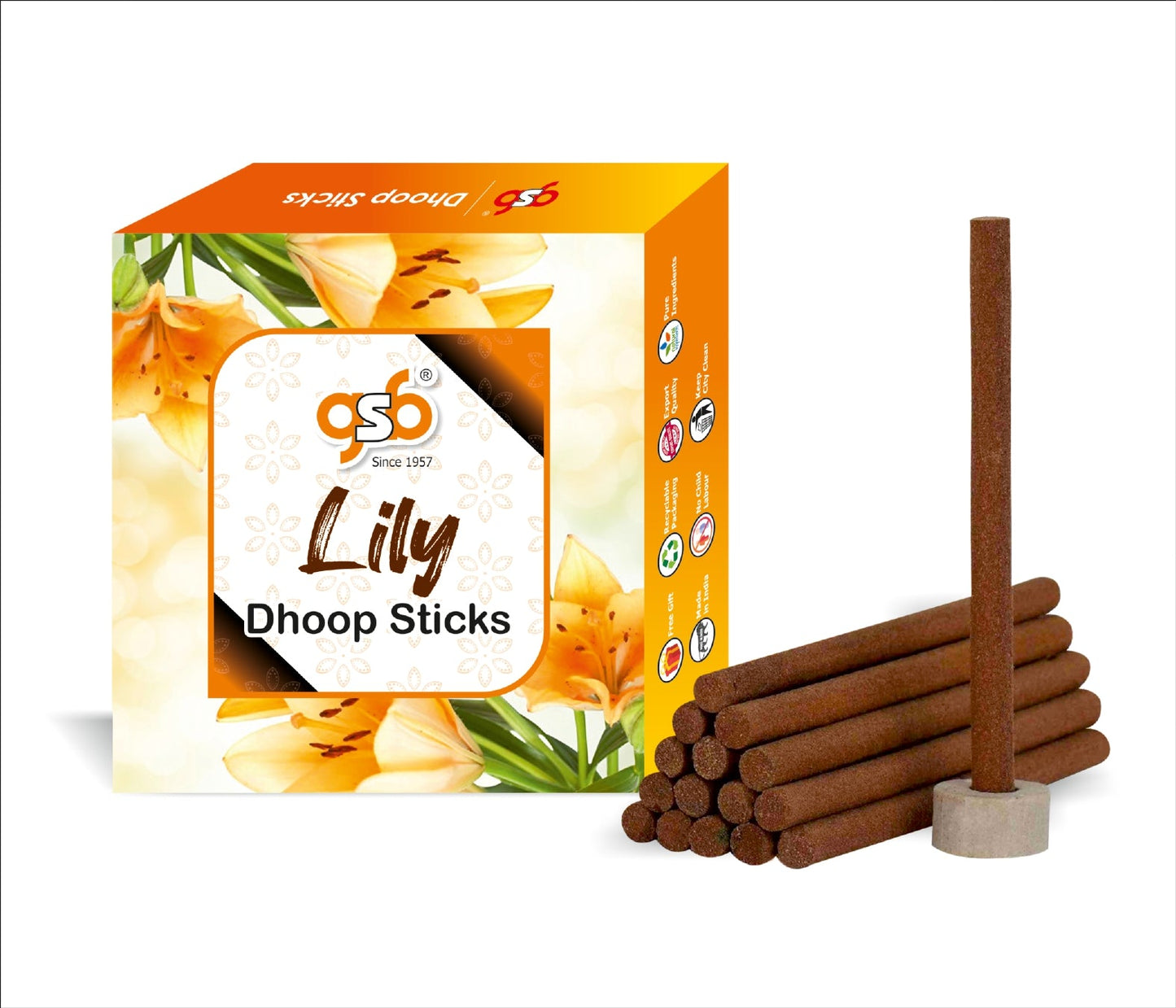 GSB Lily Premium Dhoop Sticks with Stand Holder in Box. | Dhoop Sticks | No Charcoal | No Bamboo