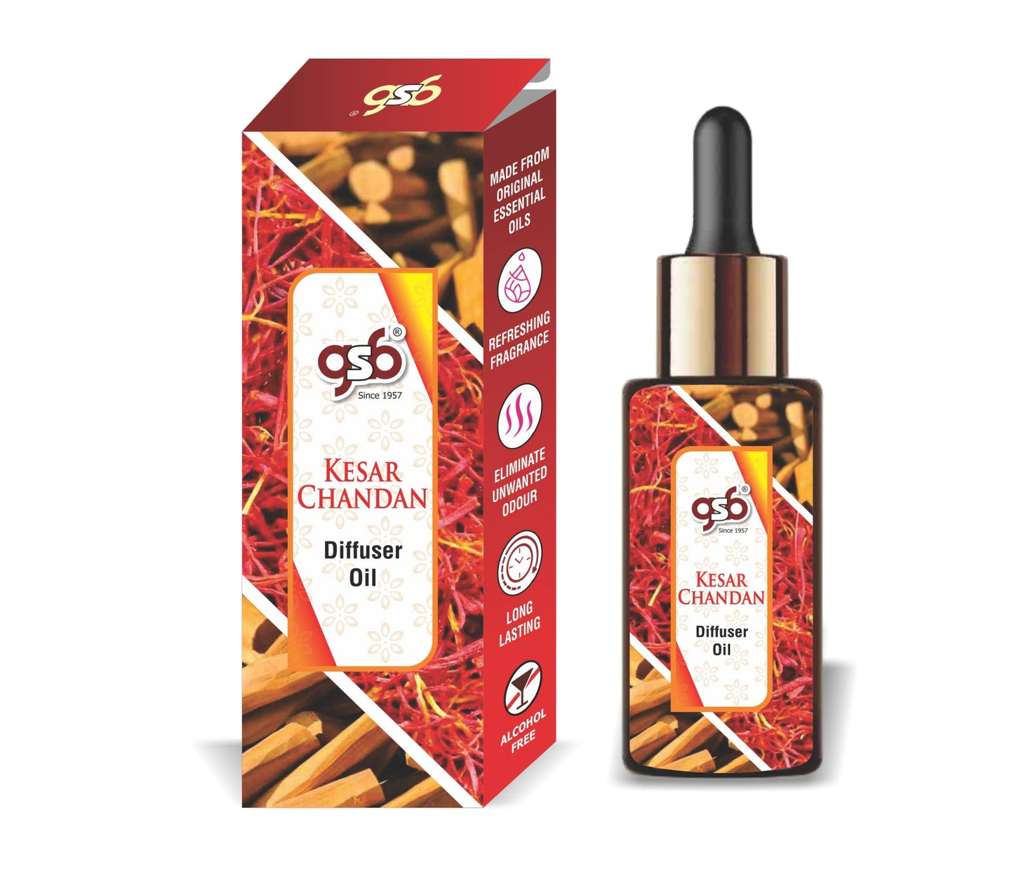 GSB Kesar Chandan Diffuser Oil | Used In Reed Diffuser, Candle Burner, Electric Diffuser, Humidifiers and Air Revitalizer | Aromatherapy Oil