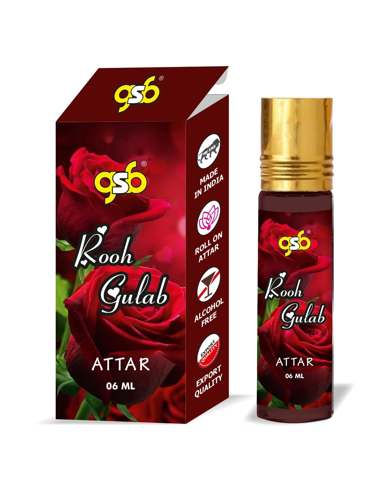 GSB Rooh Gulab Pure Natural Attar/Itra/Perfume Roll On | Alcohol Free | Long Lasting | Undiluted | Unisex | 6 ml