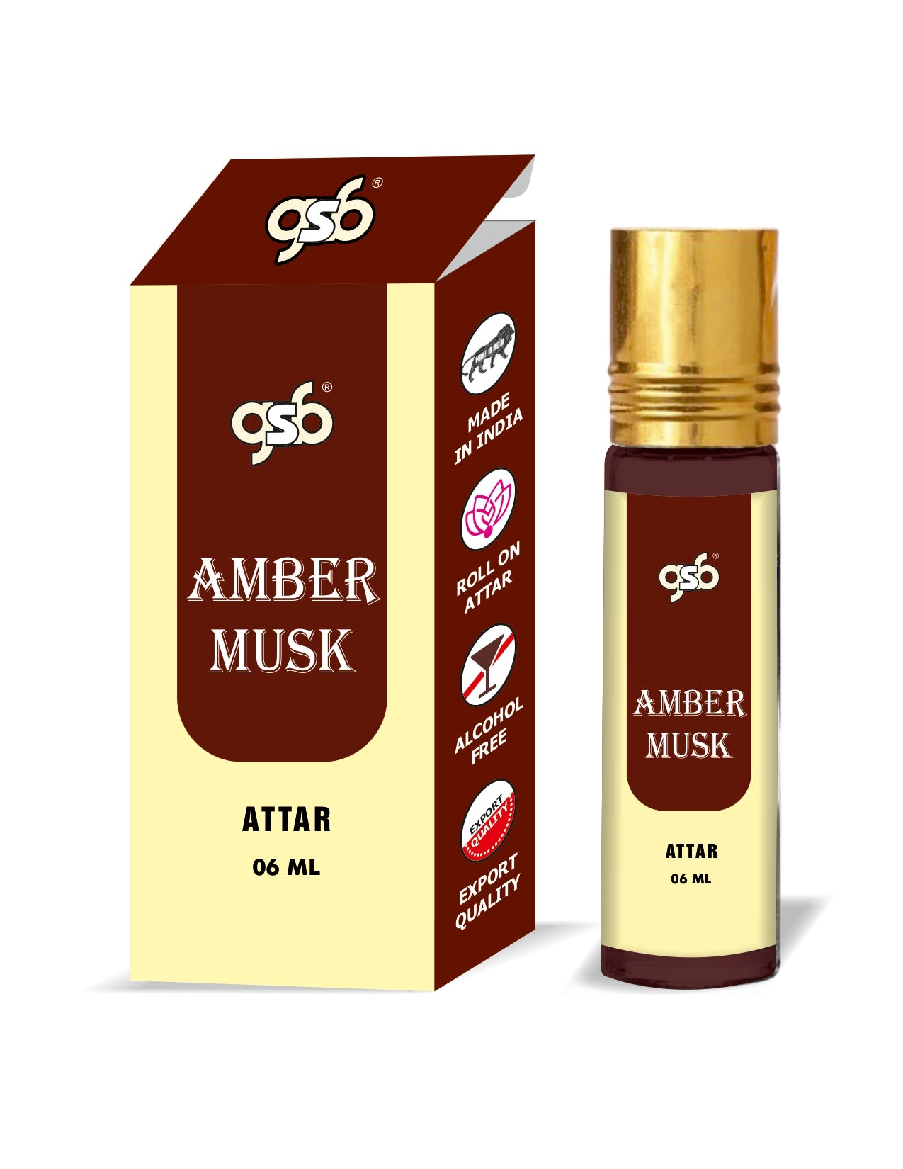 GSB Amber Musk Pure Natural Attar/Itra/Perfume Roll On | Alcohol Free | Long Lasting | Undiluted | Unisex | 6 ml