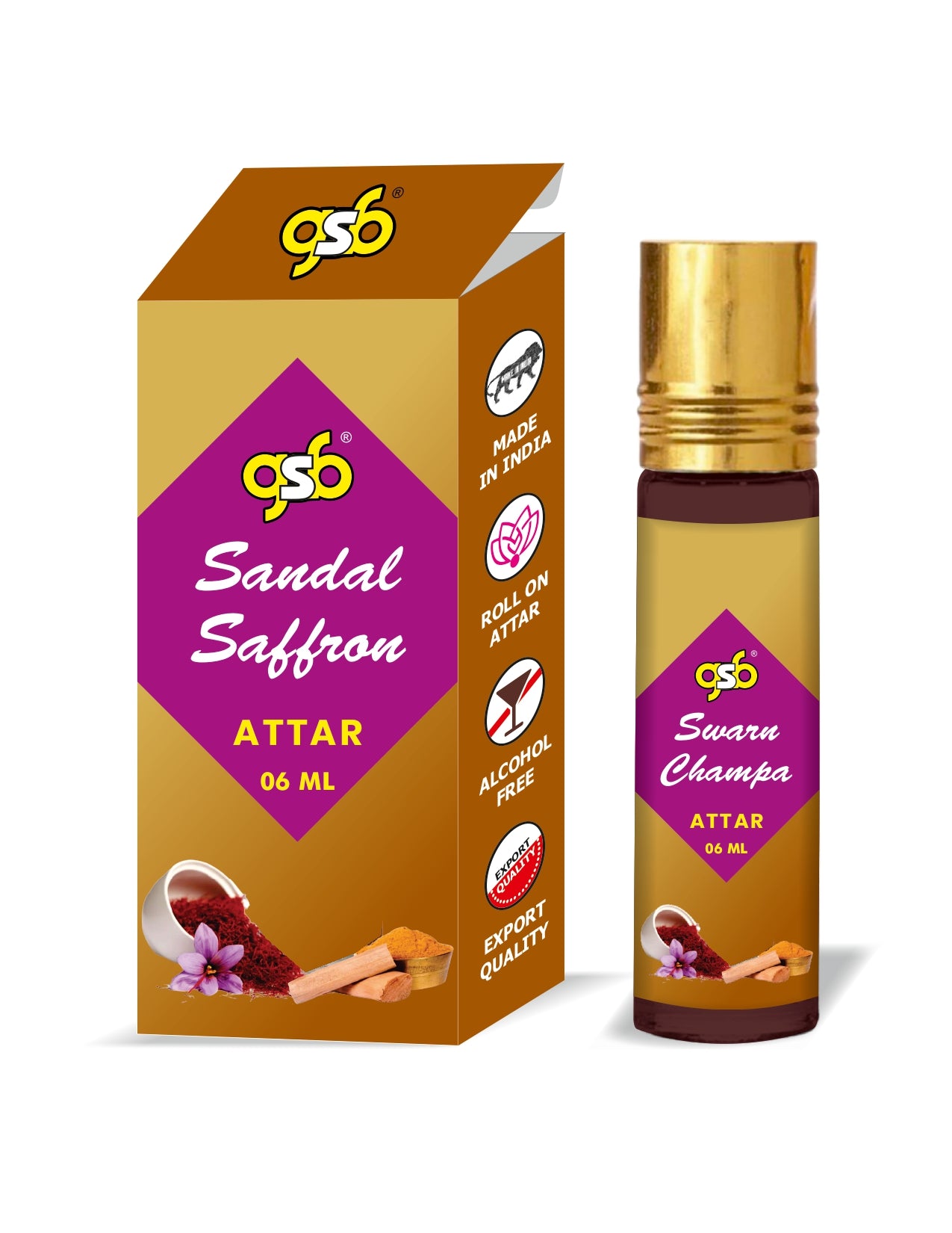 GSB Sandal Saffron Pure Natural Attar/Itra/Perfume Roll On | Alcohol Free | Long Lasting | Undiluted | Unisex | 6 ml