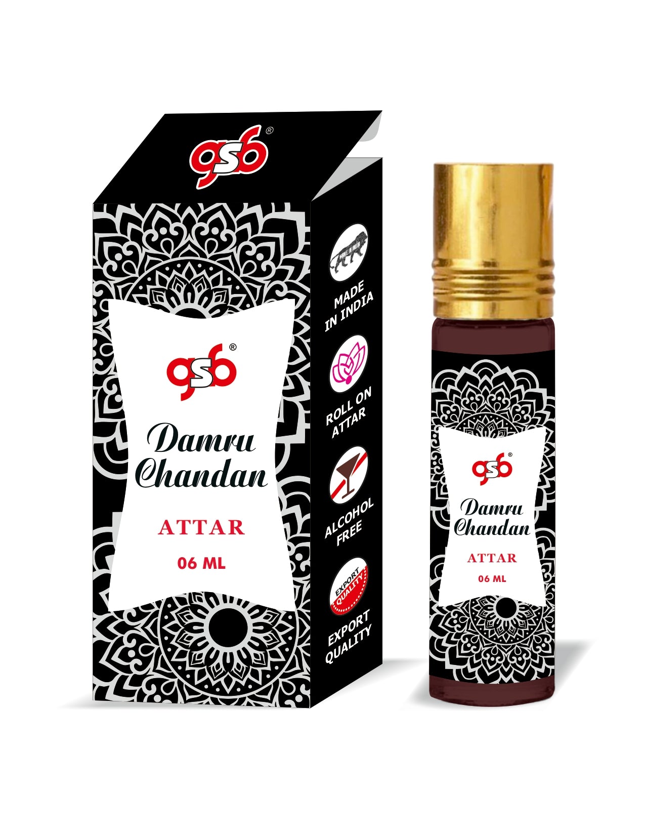 GSB Damru Chandan Pure Natural Attar/Itra/Perfume Roll On | Alcohol Free | Long Lasting | Undiluted | Unisex | 6 ml