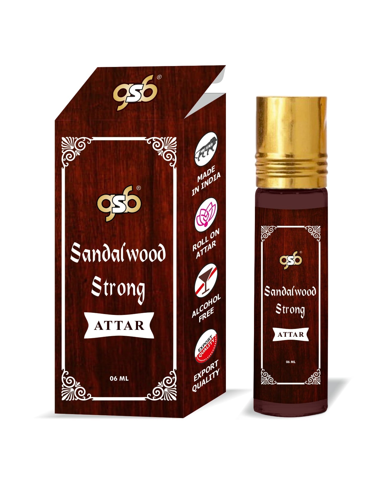 GSB Sandalwood Strong Pure Natural Attar/Itra/Perfume Roll On | Alcohol Free | Long Lasting | Undiluted | Unisex | 6 ml